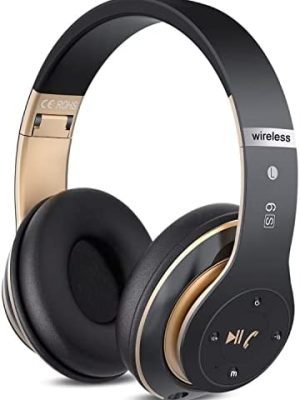 PRTUKYT 6S Wireless Bluetooth Headphones Over Ear, Hi-Fi Stereo Foldable Wireless Stereo Headsets Earbuds with Built-in Mic, Volume Control, FM for Phone/PC (Black & Gold)